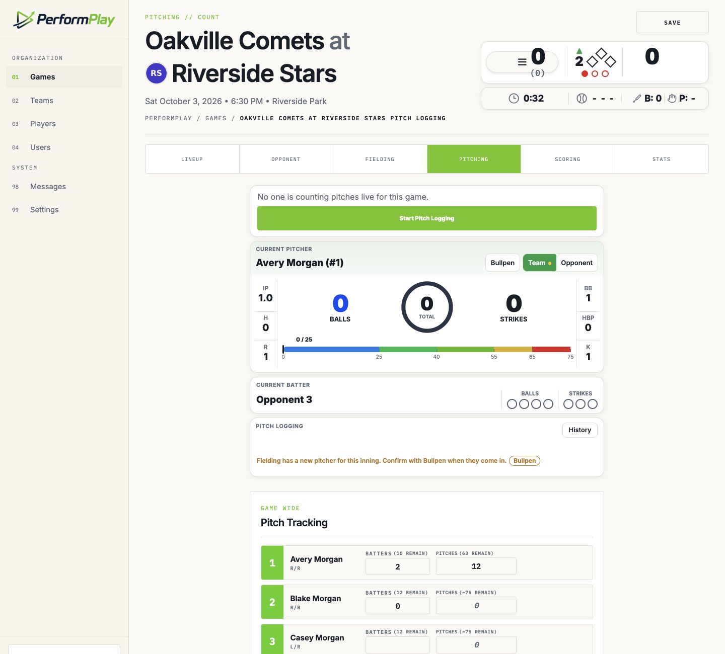 Actual PerformPlay pitch dashboard showing pitch count and current batter